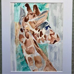 Charming Hand Painted Giraffe Watercolor Animal Art Painting with White Matting